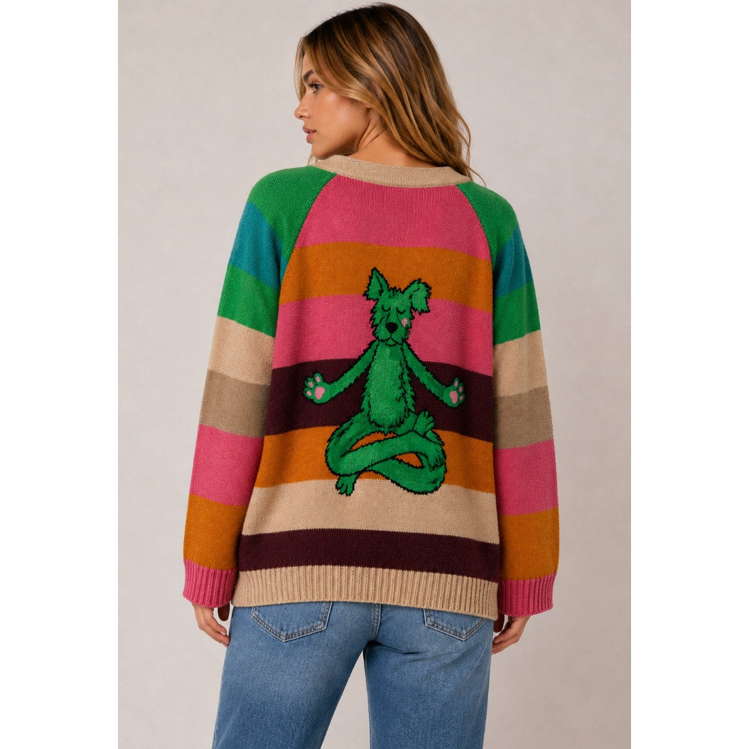 The Elder Statesman Enlightened Bear Striped Cashmere Cardigan L