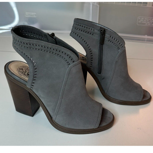 Vince Camuto Gray Koral Laser Cut Suede Open Toe Block Heel Booties Zip size 7