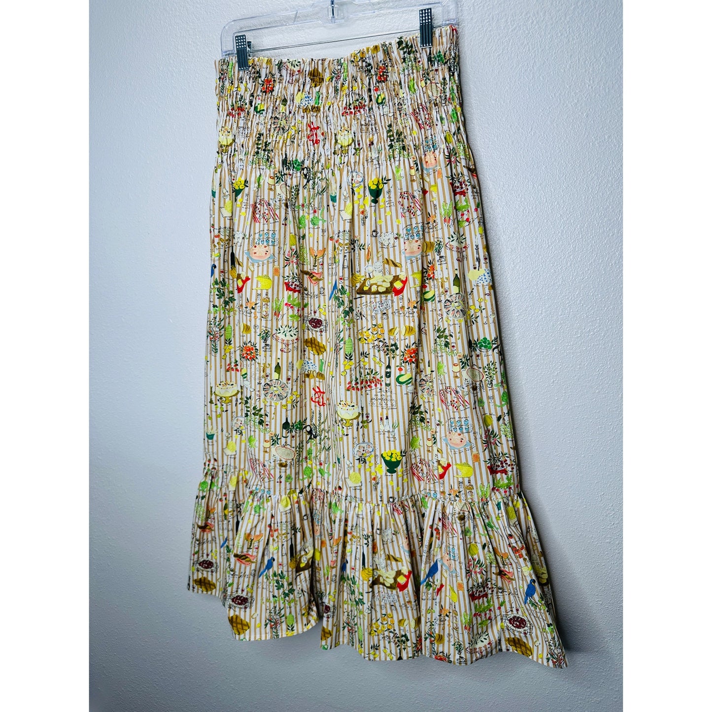 Rhode Artie Shirred Waist Ruffle Hem Printed Cotton Poplin Midi Skirt XL