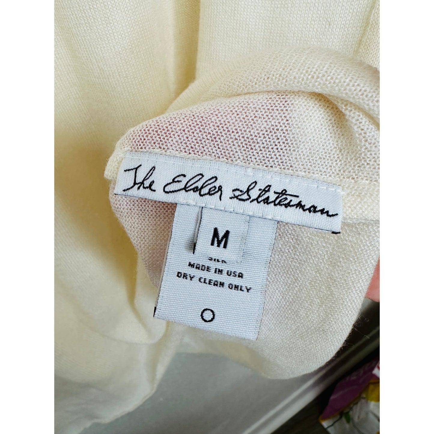 The Elder Statesman Cream with Pink Rose Graphic Cashmere Silk Blend Sweater M
