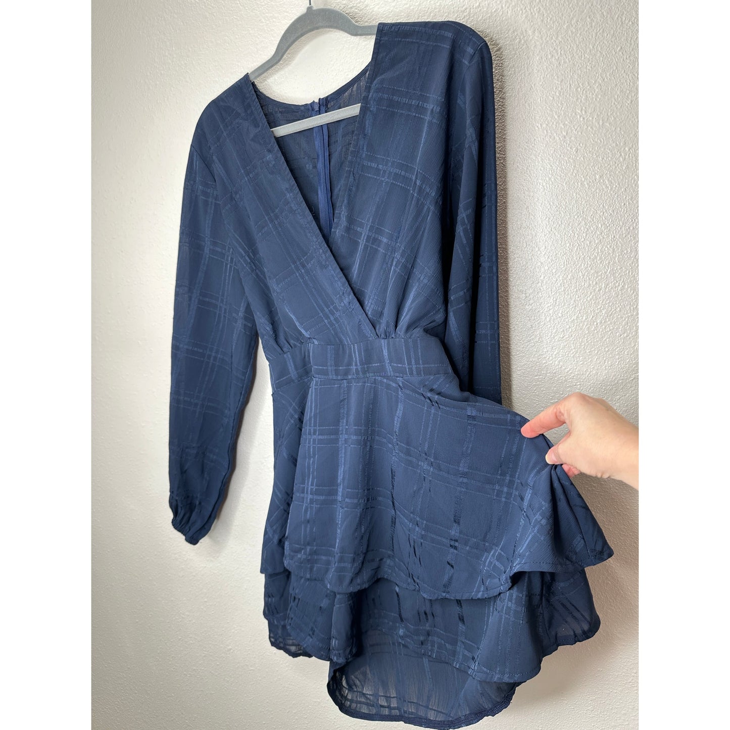 Navy Fit & Flare Sheer Plaid Faux Wrap V-Neck Romper Tie Waist XL