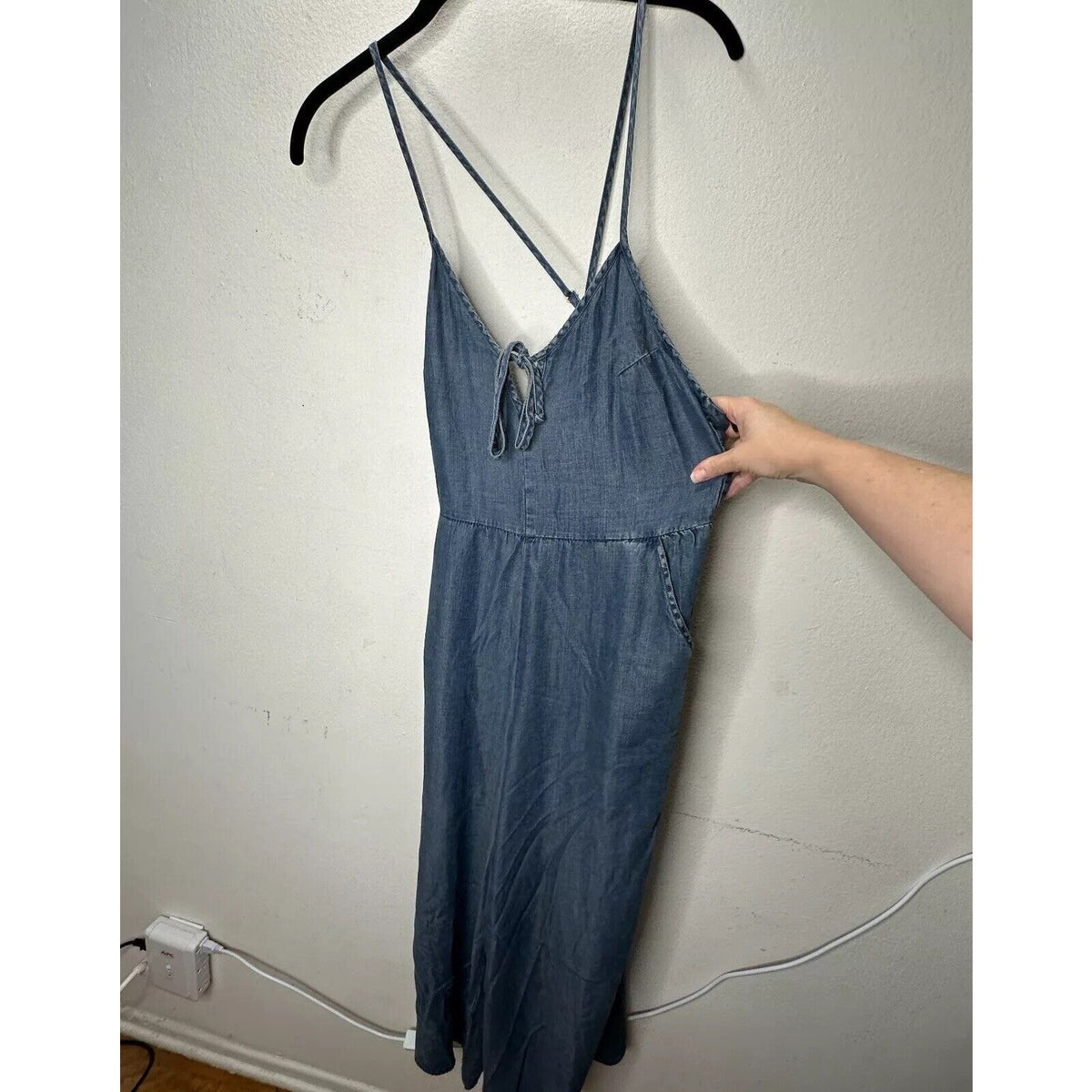 Lovestitch Medium Wash Blue Wide Leg Spaghetti Strap V-Neck Front Tie Jumpsuit S
