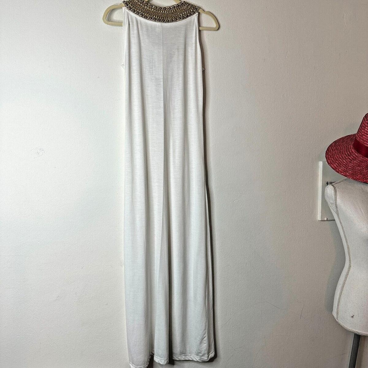 NWT Elizabeth Hurley Beach White Jemima Maxi Gold Embellished Bead Neckline Med