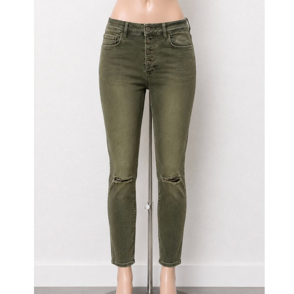 Zara Women Olive Green Button Fly Distressed Knee Skinny Jean High Waist 10
