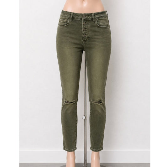 Zara Women Olive Green Button Fly Distressed Knee Skinny Jean High Waist 10