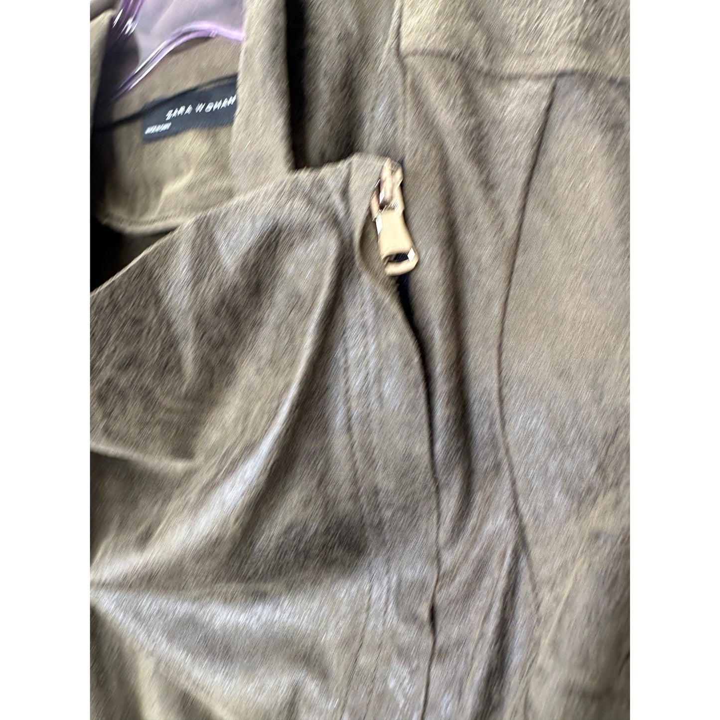 Zara Olive Green & Black Suede Long Sleeve Side Zip Cowel Neck Jacket XS