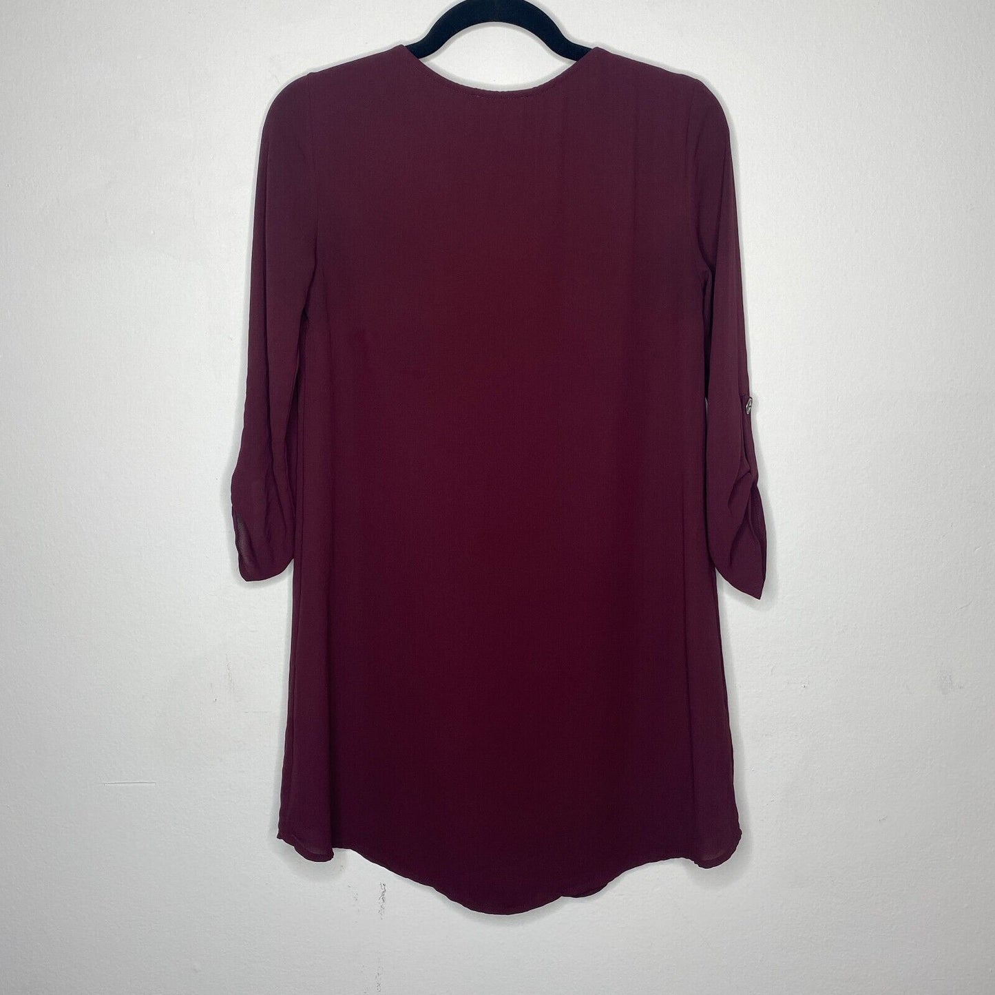Lush Inverted Pleat V-Neck Plum Drapey Shirt Tail Dress 3/4 Tab Sleeves XS