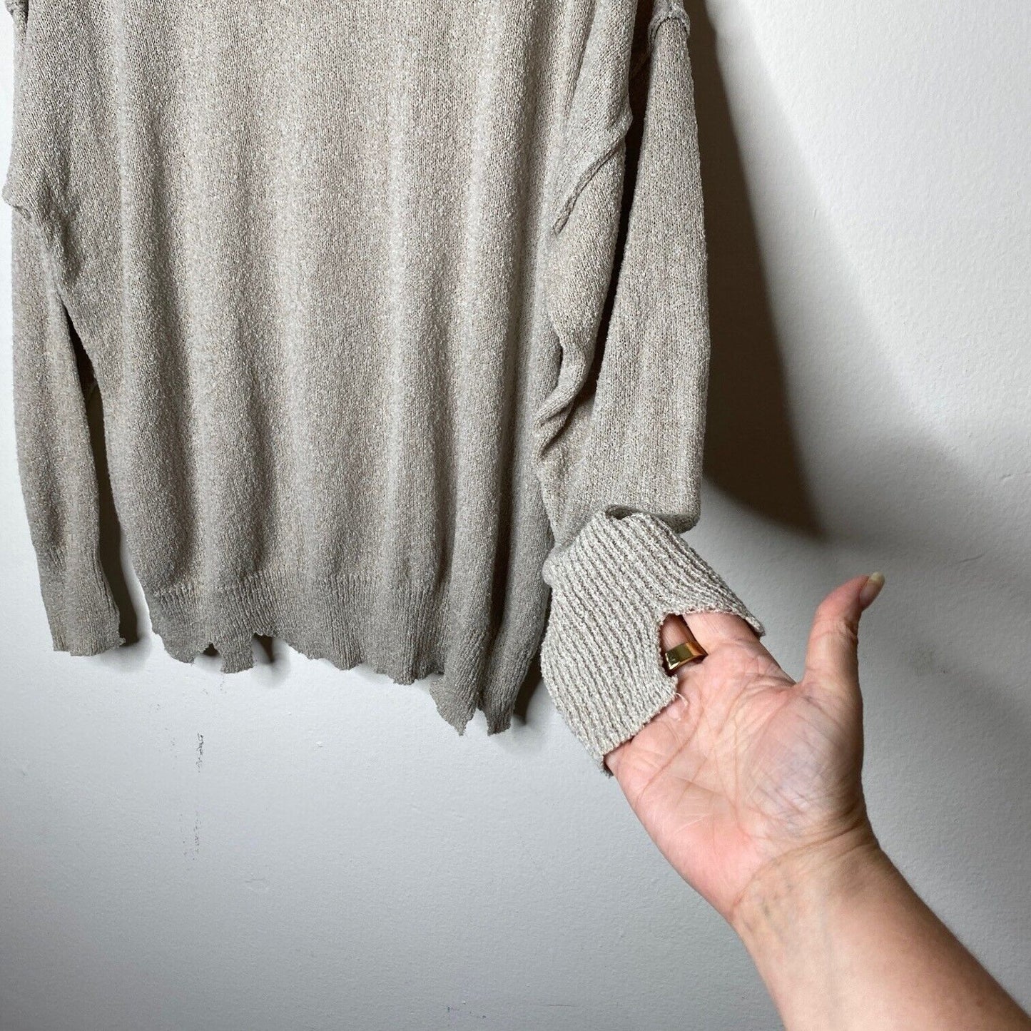 William B Taupe Bonjour Embroidered Oversize Distressed Sweater Long Sleeve S