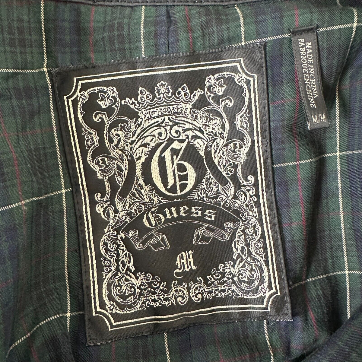 Guess Black Button Down Belted Trench Coat Navy and Green Plaid Interior M