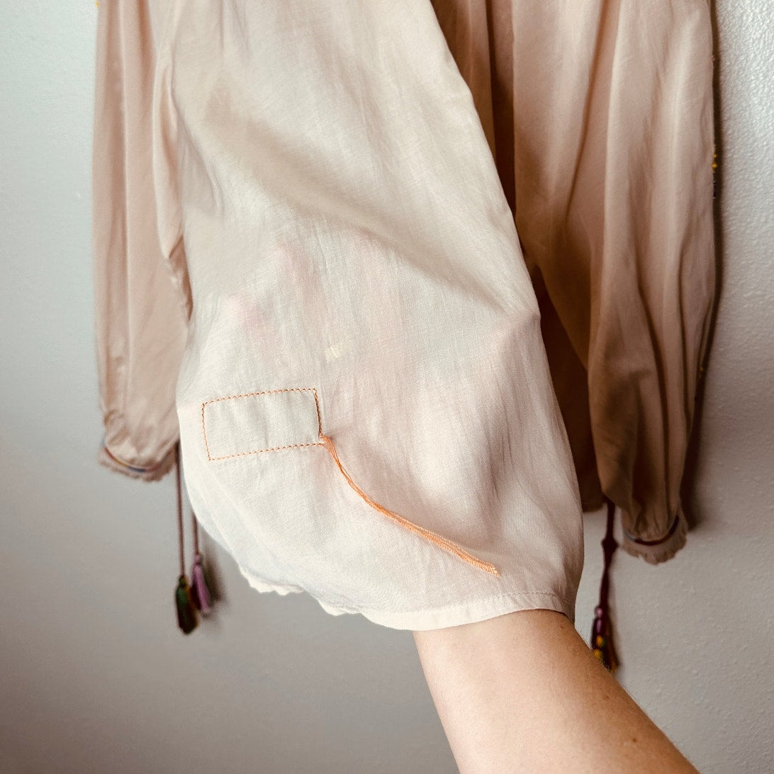 Fortela Ghodsi Tan Multicolor Beade Embroider Print Peasant Blouse 40