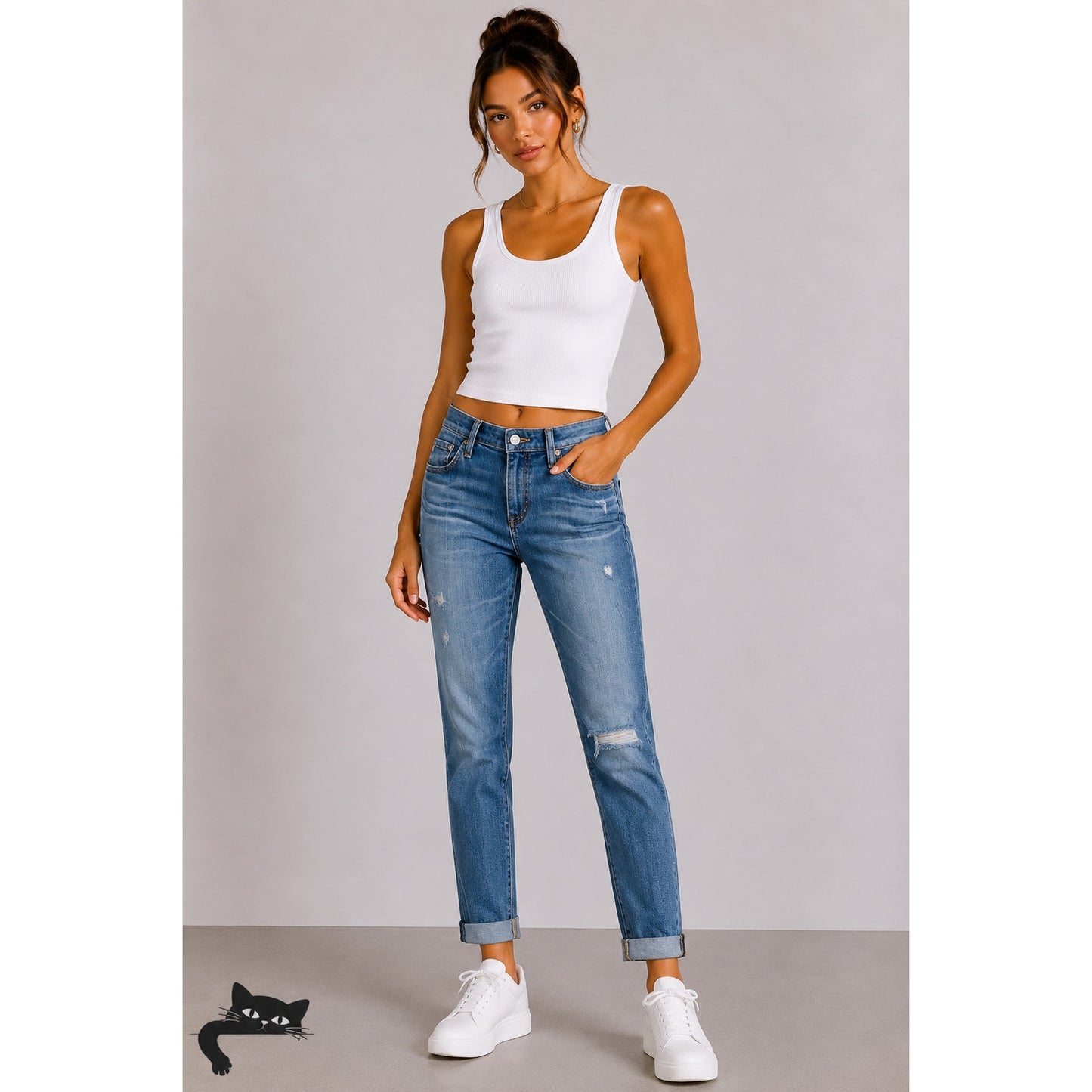 Revolve AG Flyaway The Stilt Cigarette Roll-Up Medium Wash Distressed Jean 27
