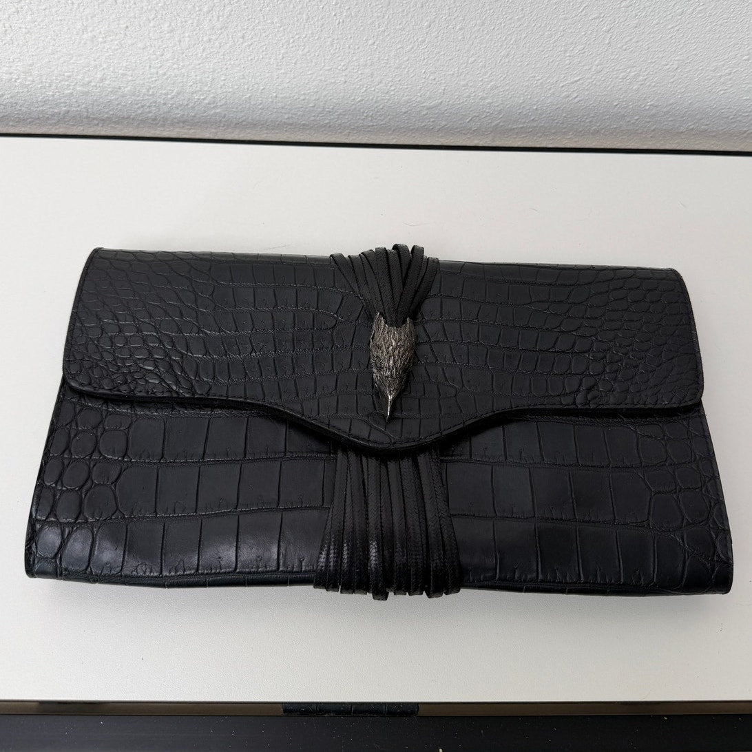 RARE Raven Kauffman Couture Black Croc Leather Bird Head Envelope Clutch Bag