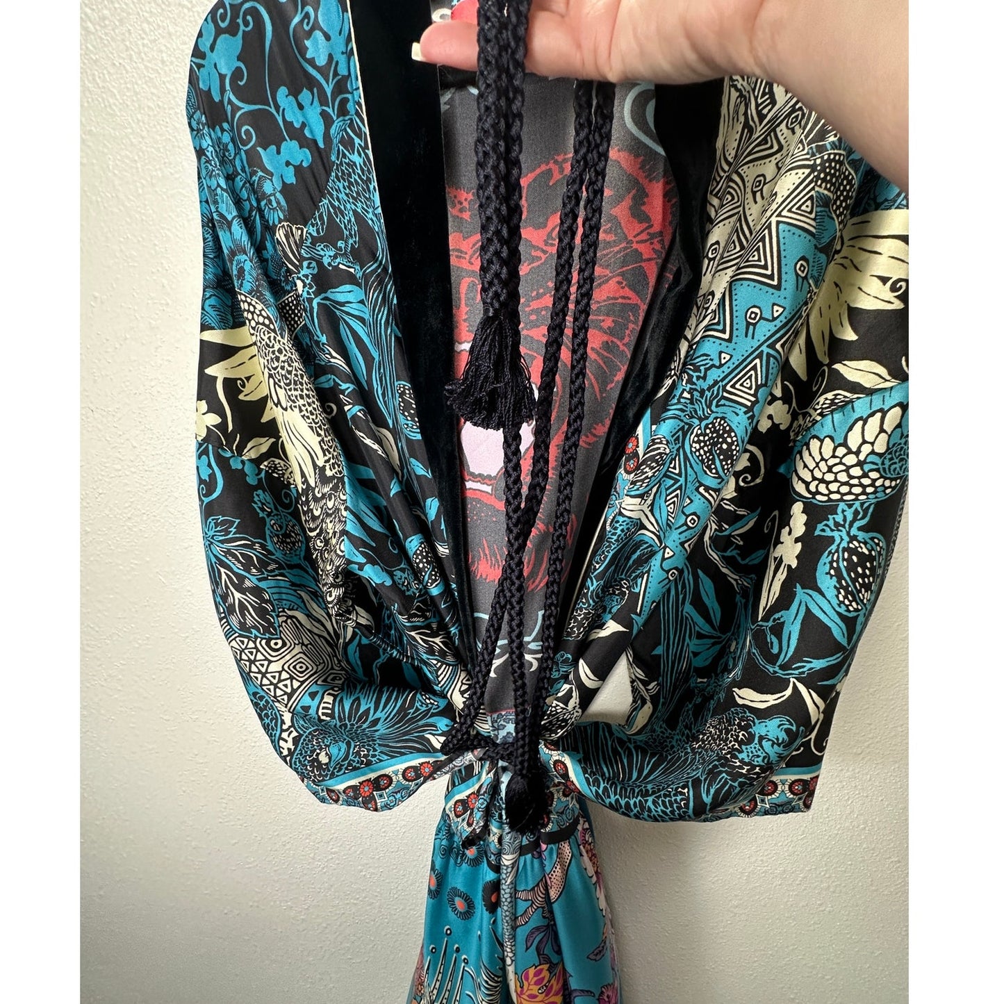 F.R.S. Cream Black Blue Red Multi Bird Floral Tiger Print Kimono M