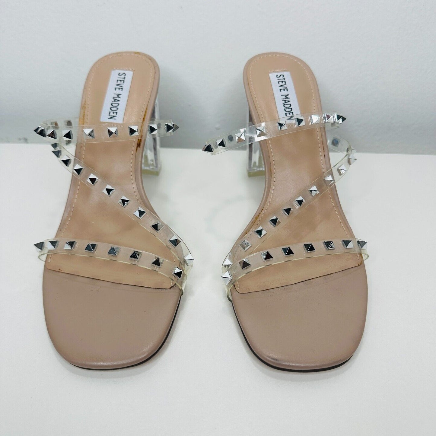 Steve Madden Nude Lucite Tangent Cone Heel Clear Silver Studded Strappy Sandal 9