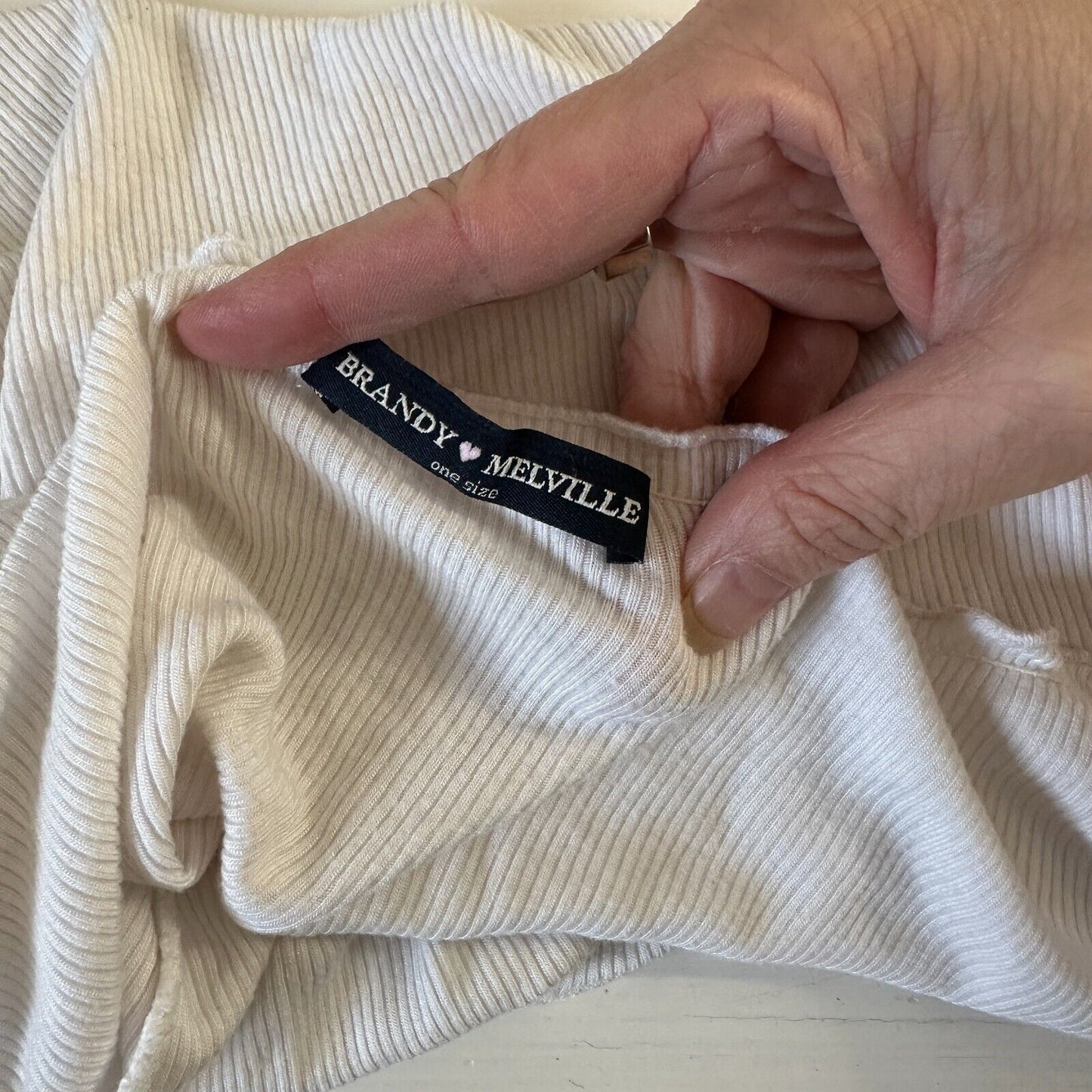 Brandy Melville White Crop Top Lettuce Trim Hem Neckline & Sleeve Rib Knit OS