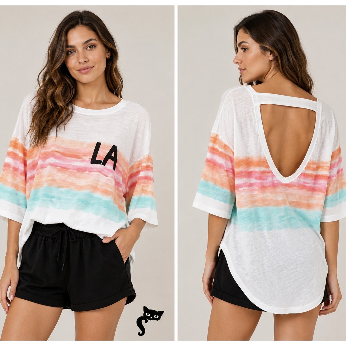 Daily Practice Ivory Peach Teal Striped LA logo High Low Tee XXS