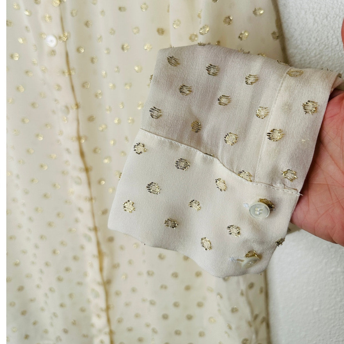 Stella McCartney Sheer Cream Gold Metallic Polka Dot Button Sheer Blouse 44 / L