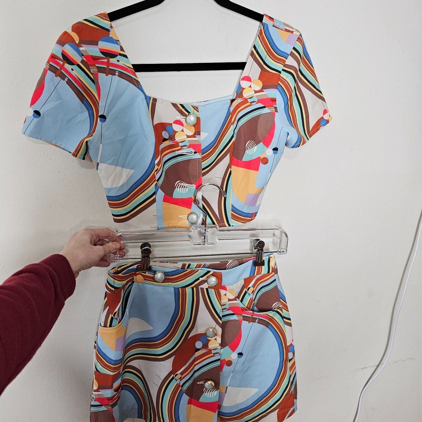 NWT Stefania Vaidani 60s Front Button Crop Top and Matching Button Mini Skirt SM