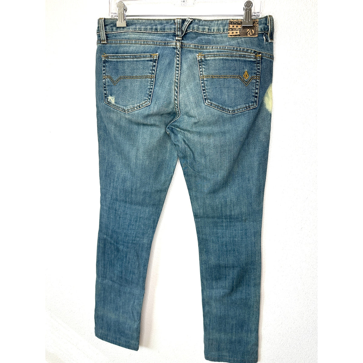 VINTAGE Volcom Stix Skinny Jeans Medium Wash Bleached Distressed Patched Denim