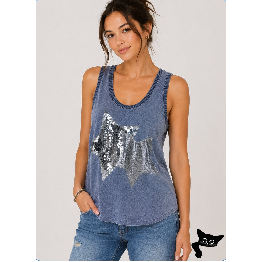 Gray Blue Knit Sleeveless Scoop Neck Tank Top 2 Stars One Silver Sequined Med