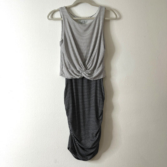 Allison Joy Kit Striped Twist Front Ruched Knit Dress Black and White Dress XS