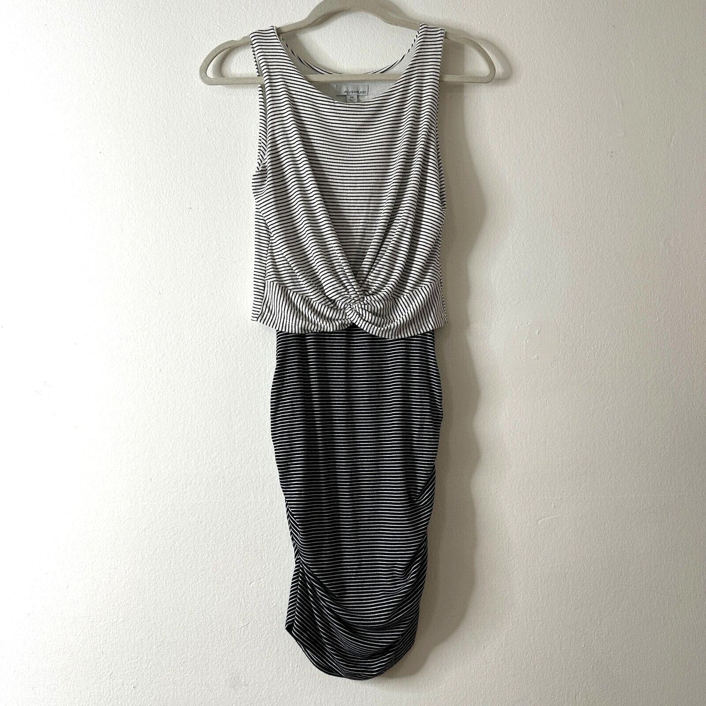 Allison Joy Kit Striped Twist Front Ruched Knit Dress Black and White Dress XS