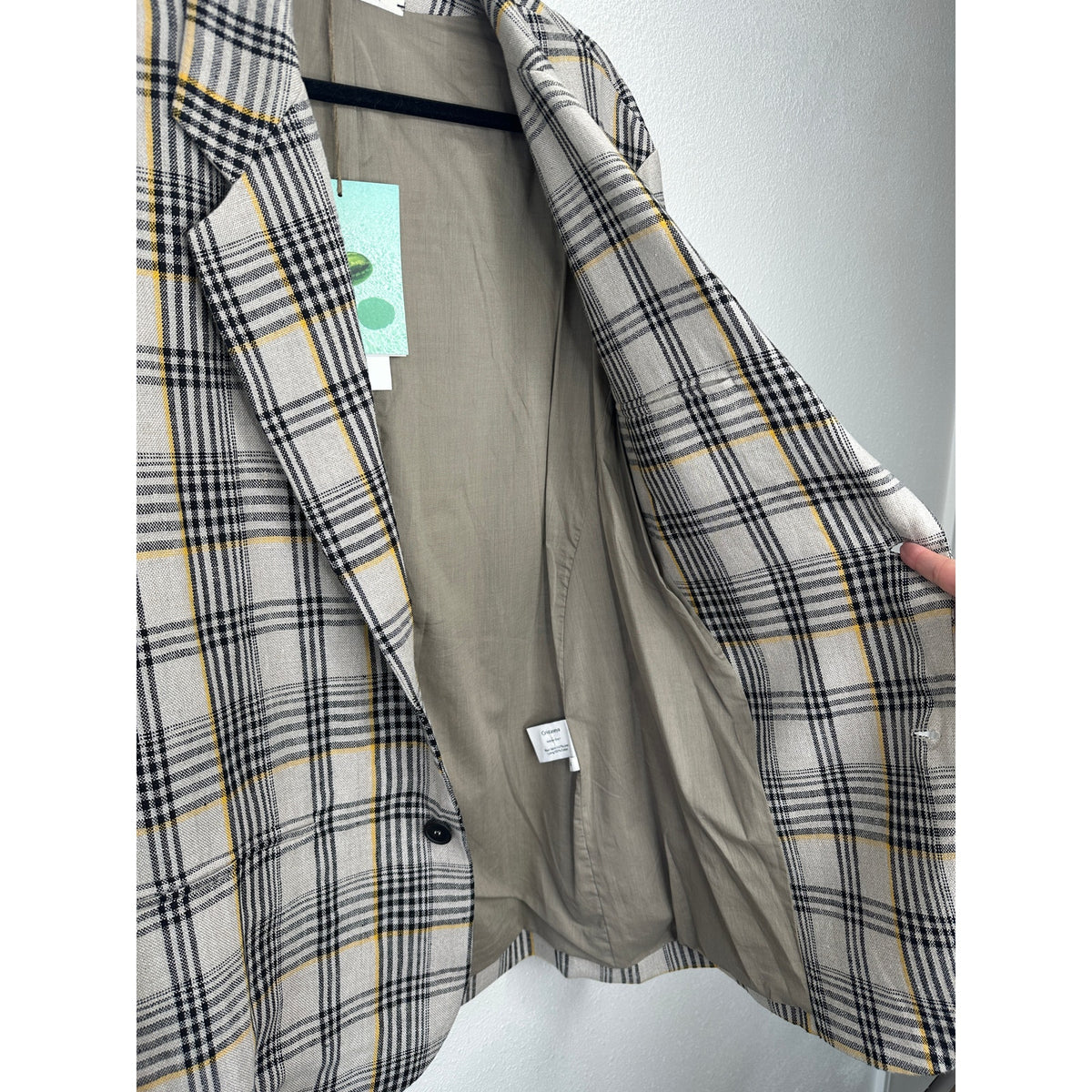 NWT Cristaseya Oversized Linen Blazer Ecru Black Yellow Plaid M