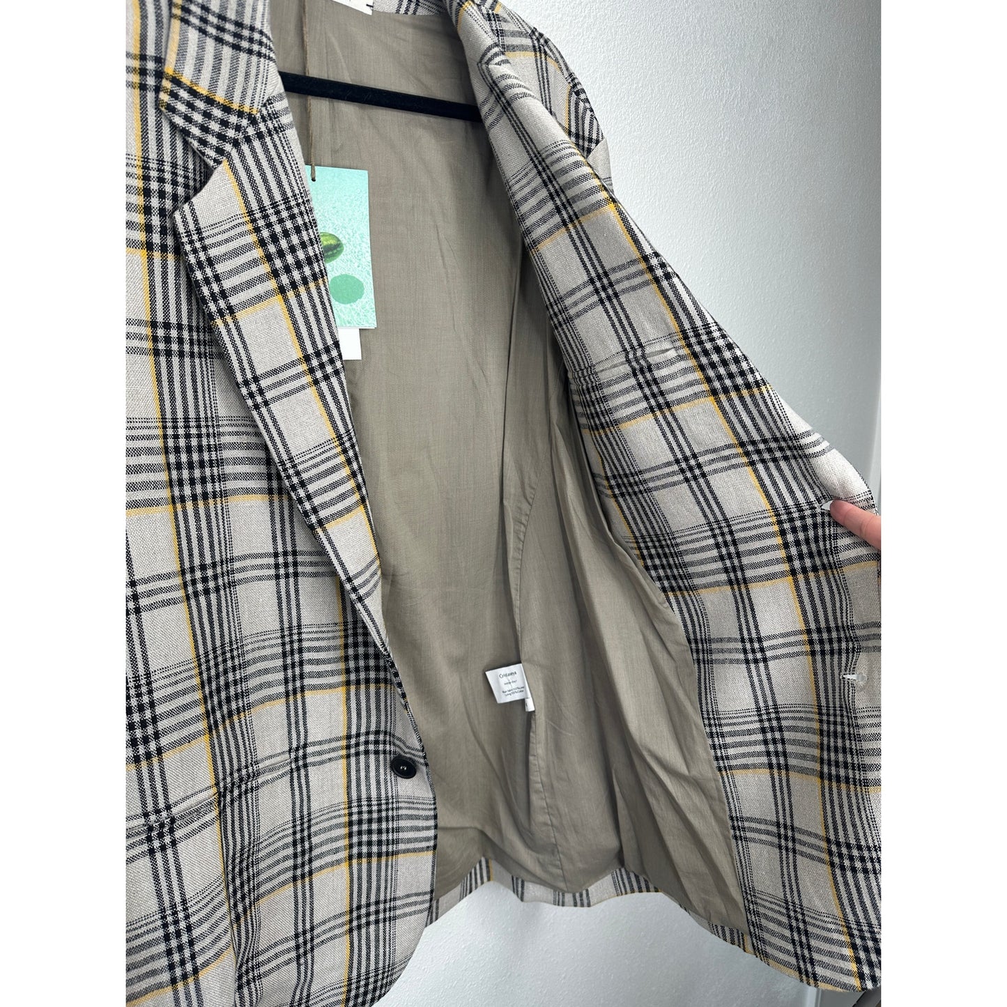 NWT Cristaseya Oversized Linen Blazer Ecru Black Yellow Plaid M
