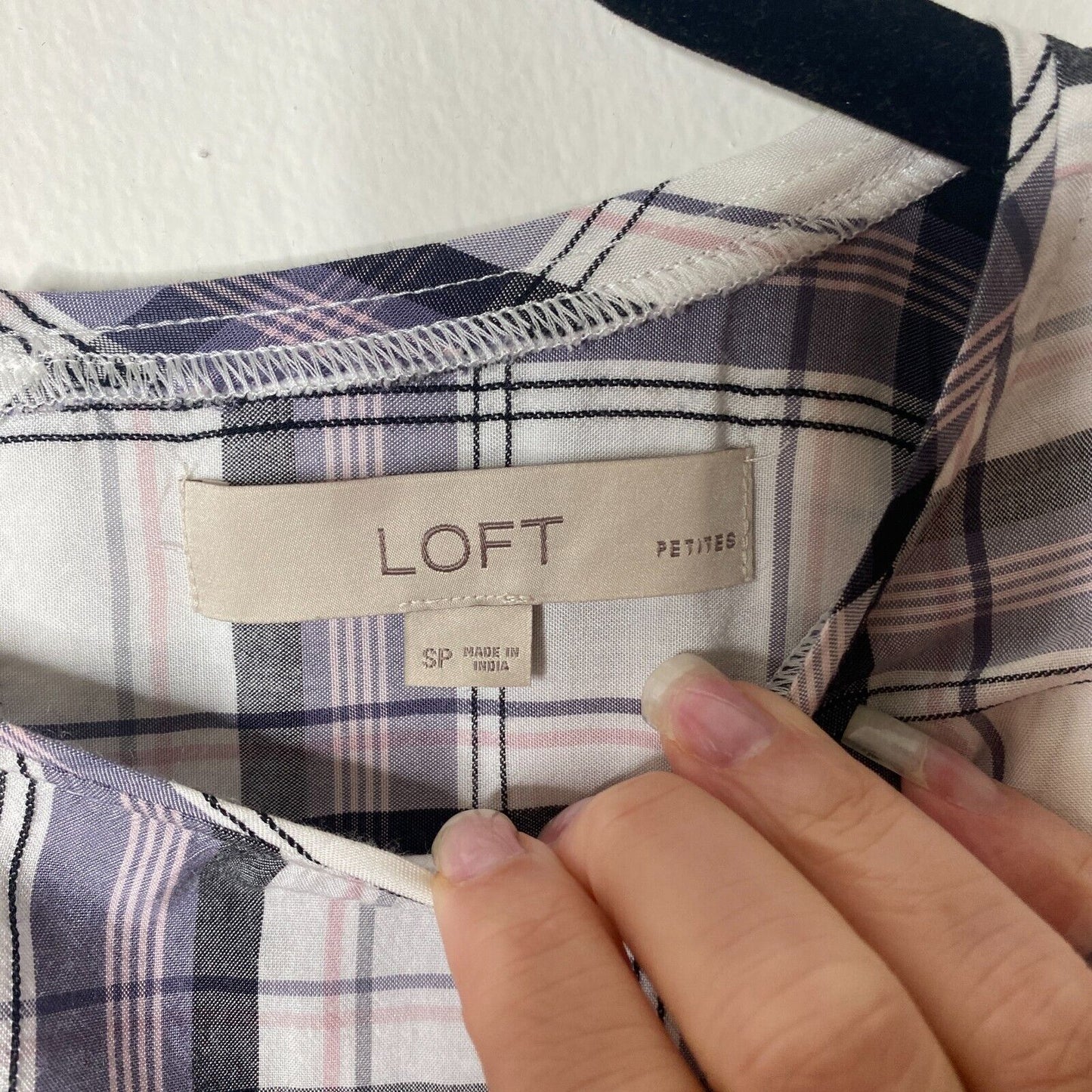 Loft Lavender Plaid Flowy Roll-Tab Sleeve Shirred Back Keyhole Button Blouse SP
