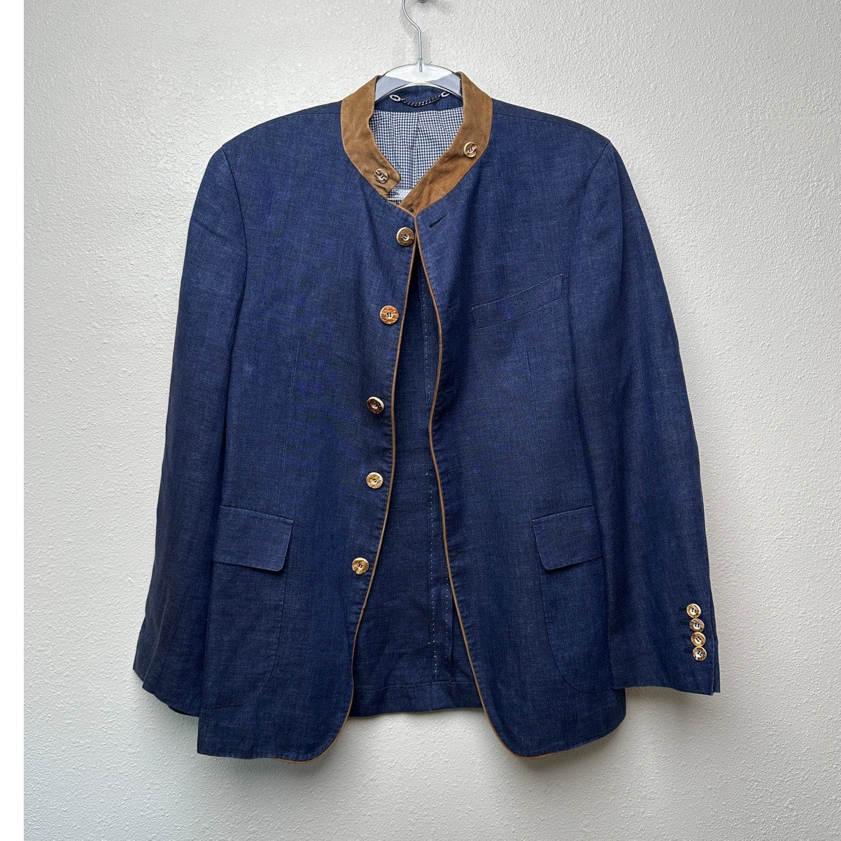 Windsor Men’s Stand-Collar Blue Blazer US 34 (EU 44) Suede Trim