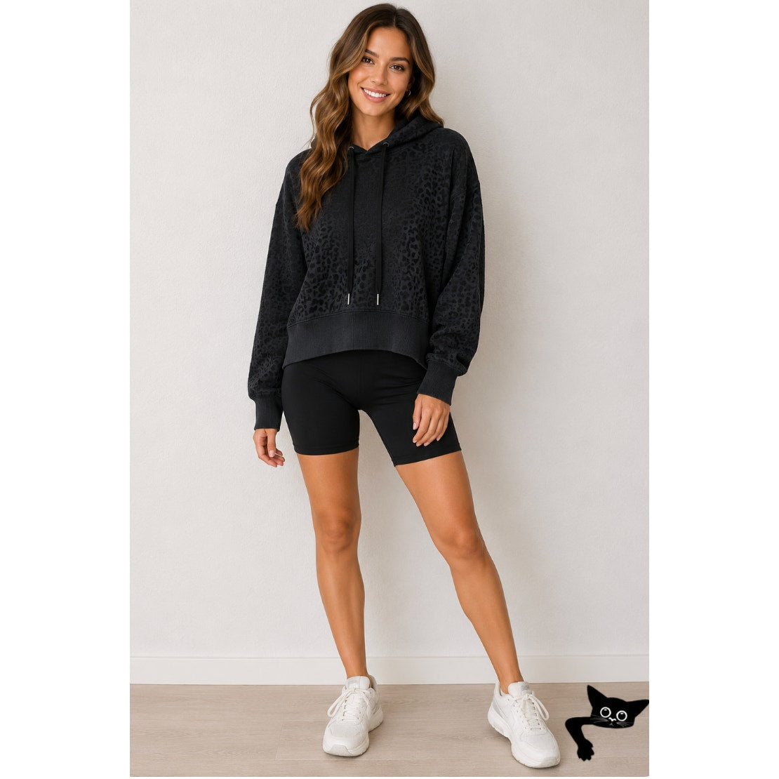 Black Tape Black Hooded Long Sleeve Cheetah Print Embossed Design Hoodie S