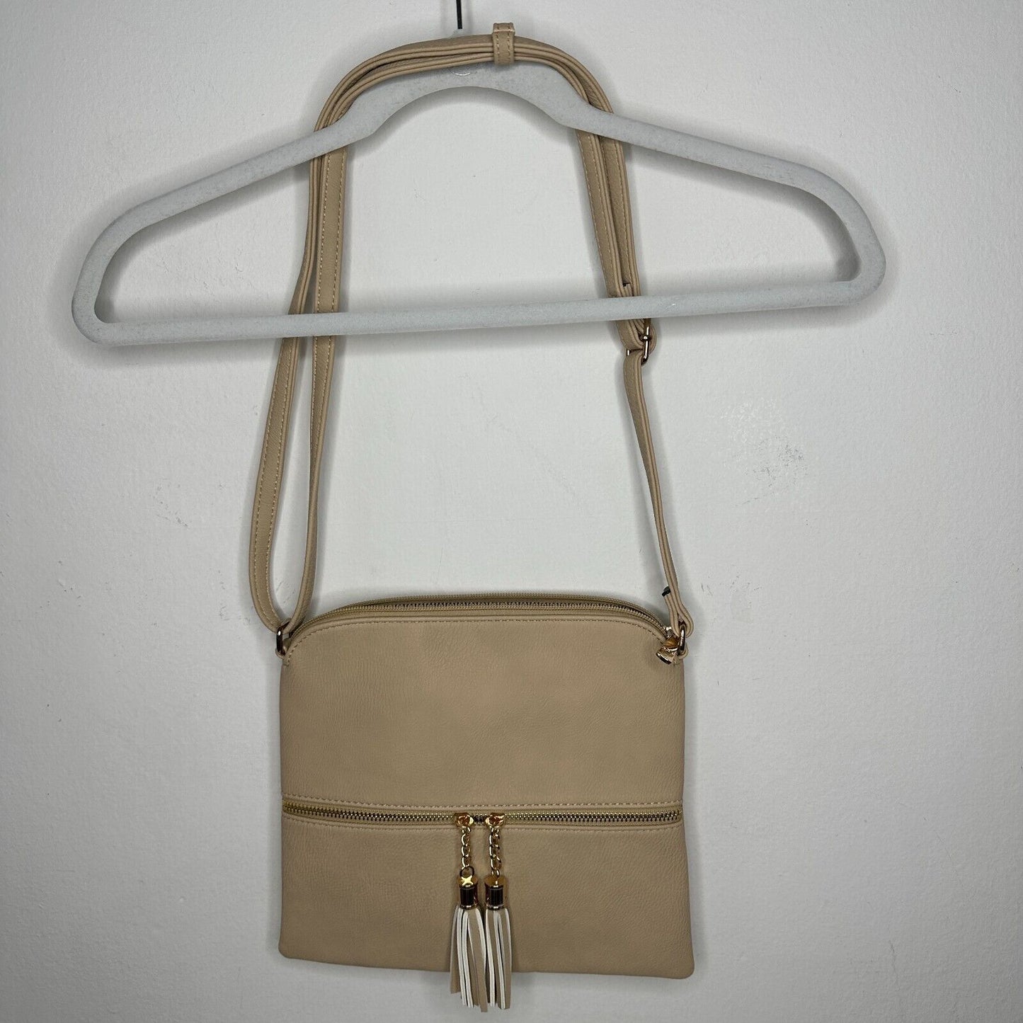 Desert Sand Tan and Gold Crossbody Bag Tassel Blue White Striped Interior Strap