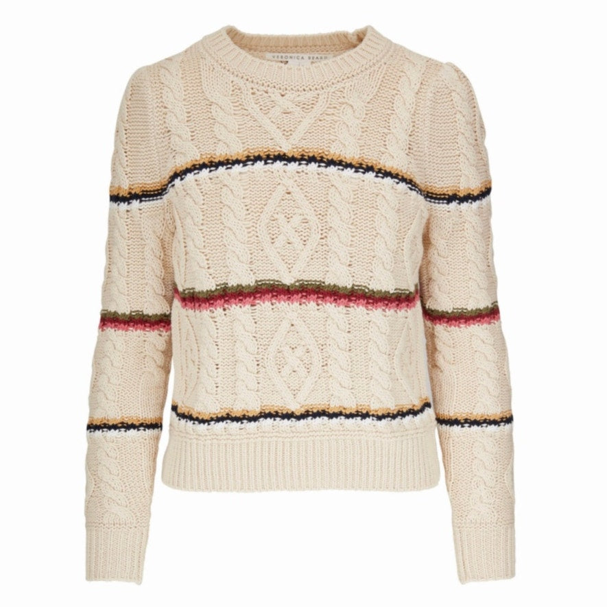 Veronica Beard Bruna Cream Black Multi Stripe Chunky Knit Long Sleeve Sweater M