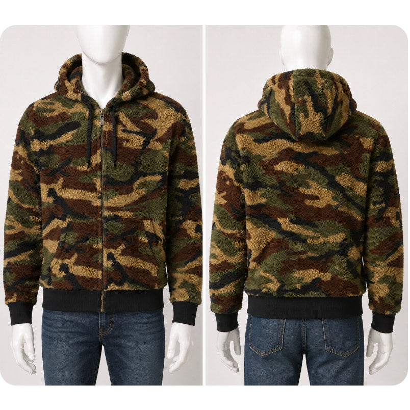Faith Connexion Camo Sherpa Zip Hoodie Jacket Split Kangaroo Pocket Lace Side SM