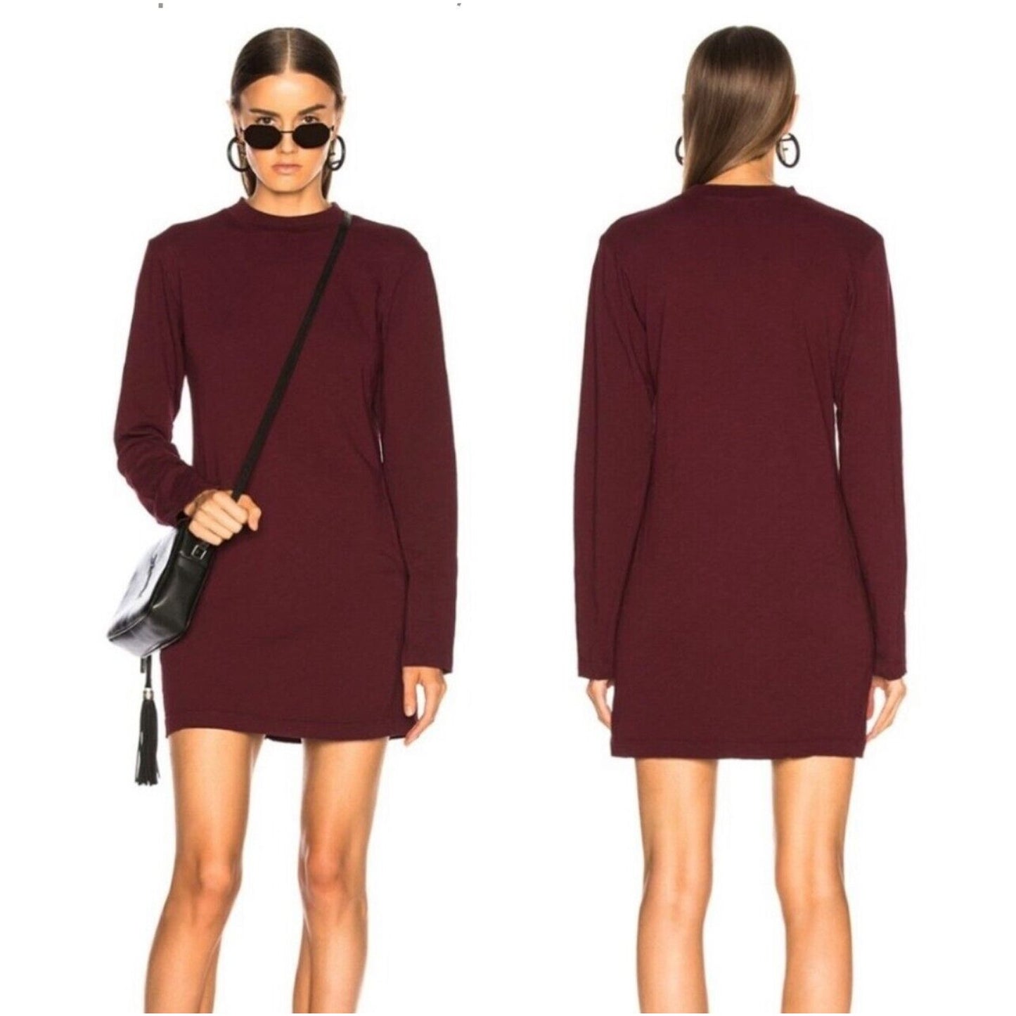 Cotton Citizen Tokyo Eggplant Crew Neck Long Sleeve Cotton Mini Shirt Dress S
