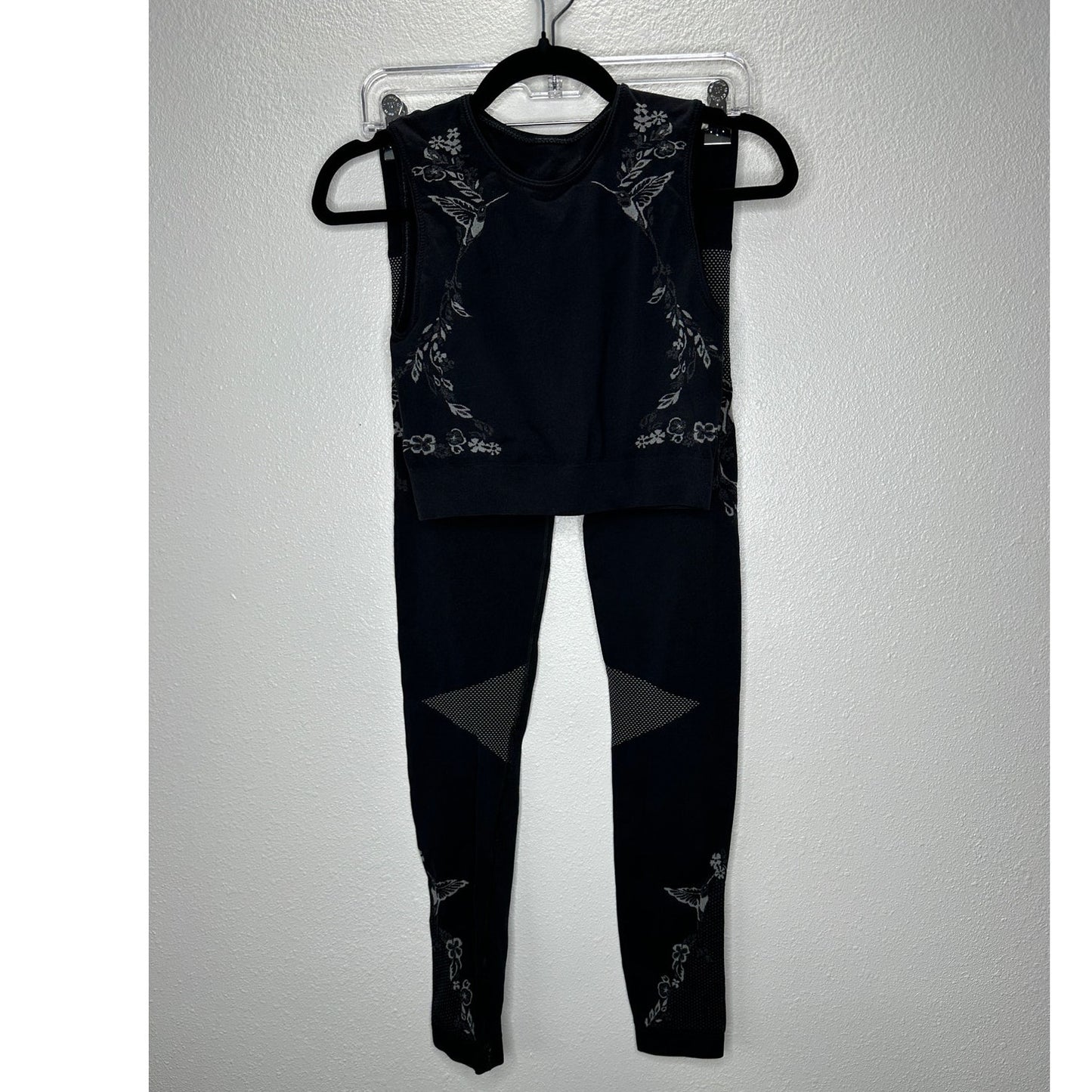 Lucas Hugh Black Technical Knit Hummingbird Crop Top & Leggings Set M