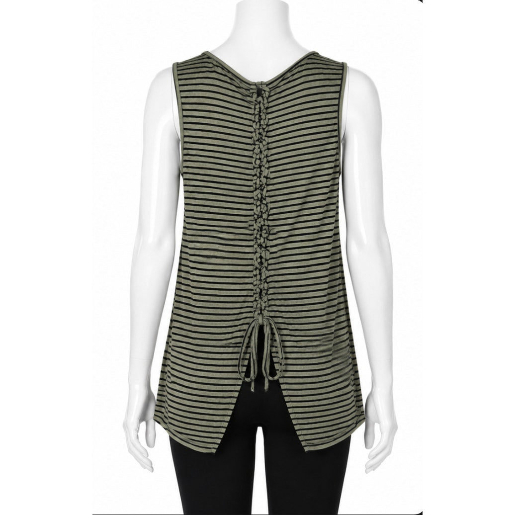 Peyton Jensen Olive & Black Strip Lace Up Back Crew Neck Sleeveless Tank Top XS