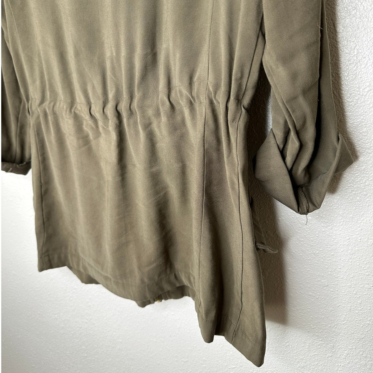 Zara Olive Green 3/4 Cuffed Sleeve Collared Zip Cinch Waist Jacket XS