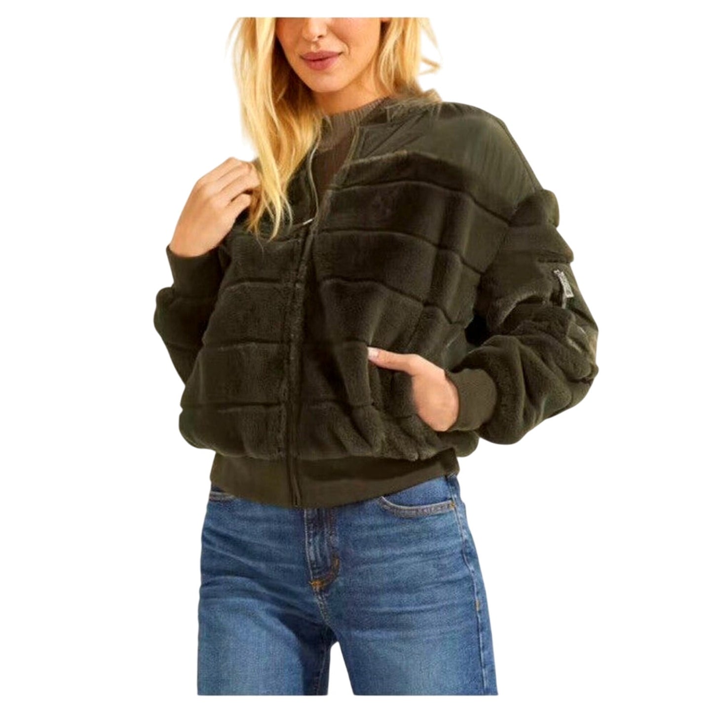 NWOT Guess Felicia Super Soft Olive Green Faux Fur Bomber Jacket Side Pockets XS