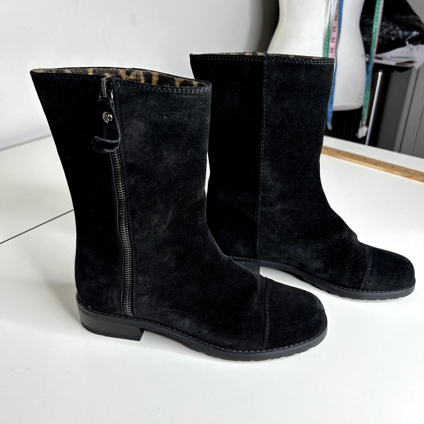 Stuart Weitzman Black Suede Mid-Calf Boots Cheetah Print Round Toe Booties 4