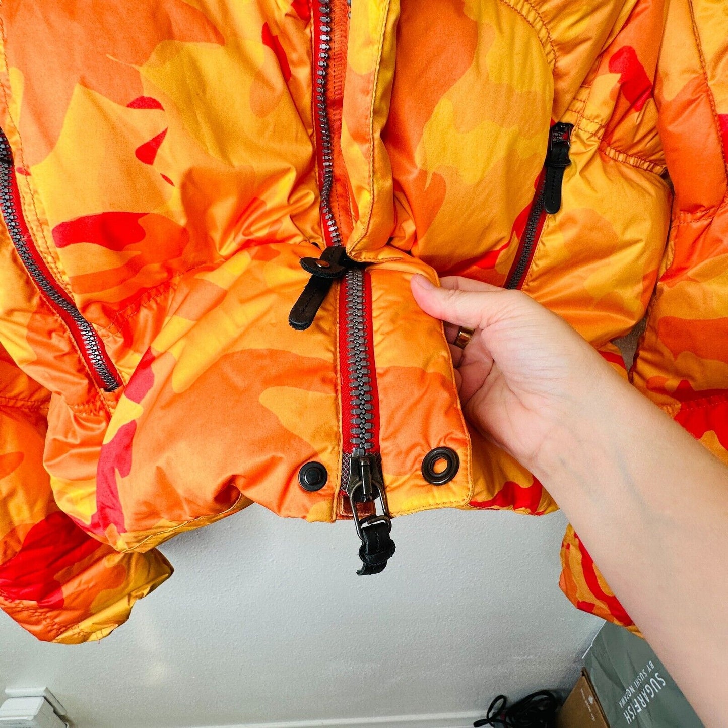 Kru St. Moritz Yellow Pink Orange Camo Front Button Zip Long Sleeve Hood Jacket
