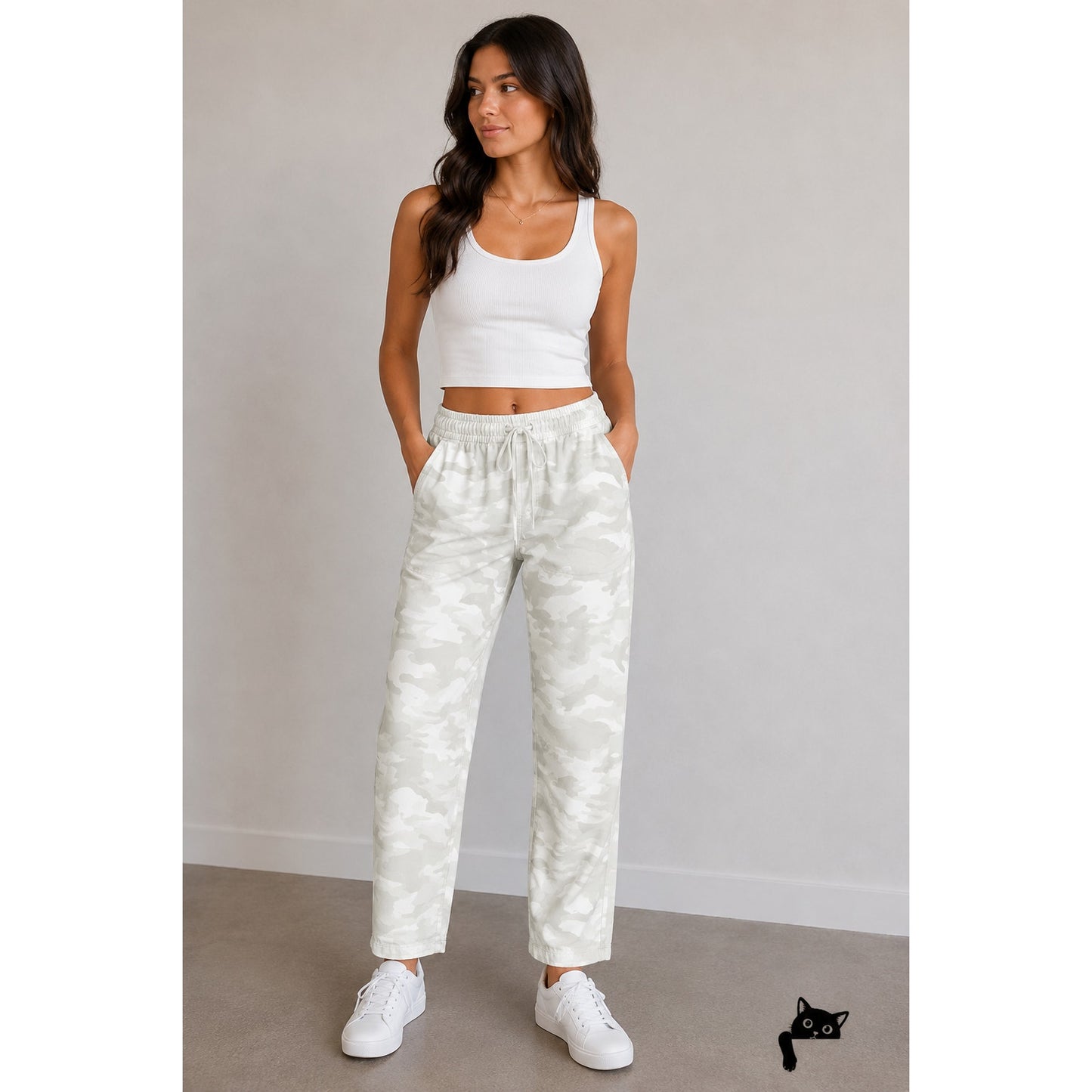 GapFit Ivory Pale Green Army Camo Print Tie Waist Jogger Pant L