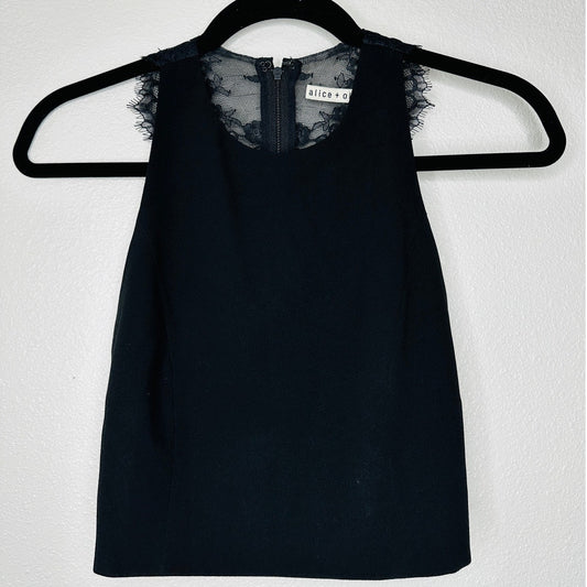 Alice + Olivia Crepe de Chine Black Lace Going Out Crop Top 0