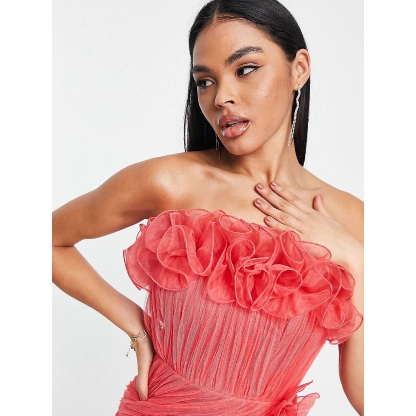 ASOS Design Red Bodycon Ruffle Mesh Bandeau Neck Strapless Mini Dress 4