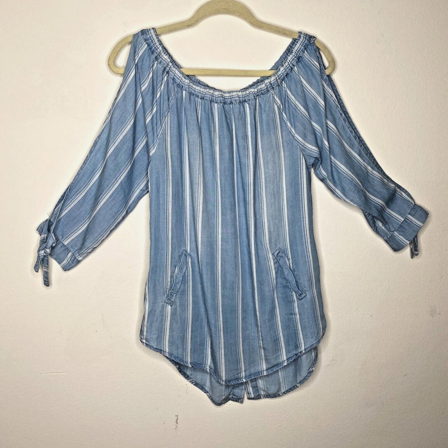 Billy T Blue & White Stripe Linen Off Shoulder 3/4 Tie-Sleeve Back Button Top XS