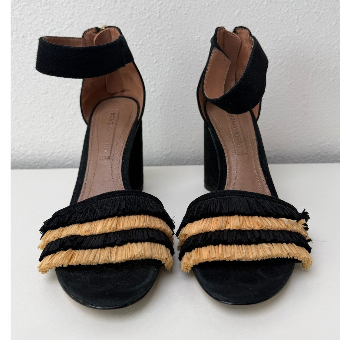 BCBGMaxAzria Alonza Raffia Heels Black Tan Womens US 7.5