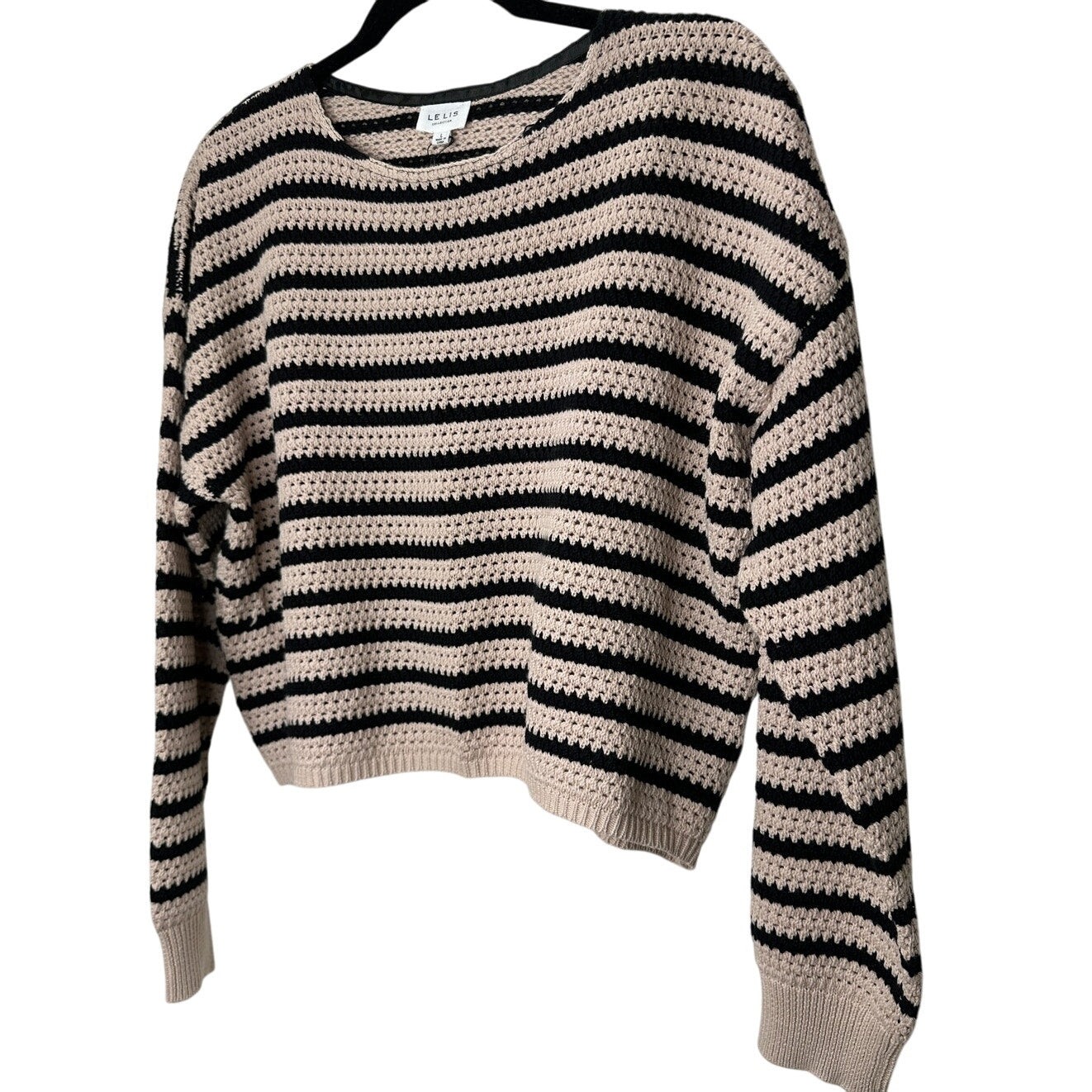 NWT Le Lis Tan & Black Striped Round Neck Raglan Sleeve Crop Sweater L