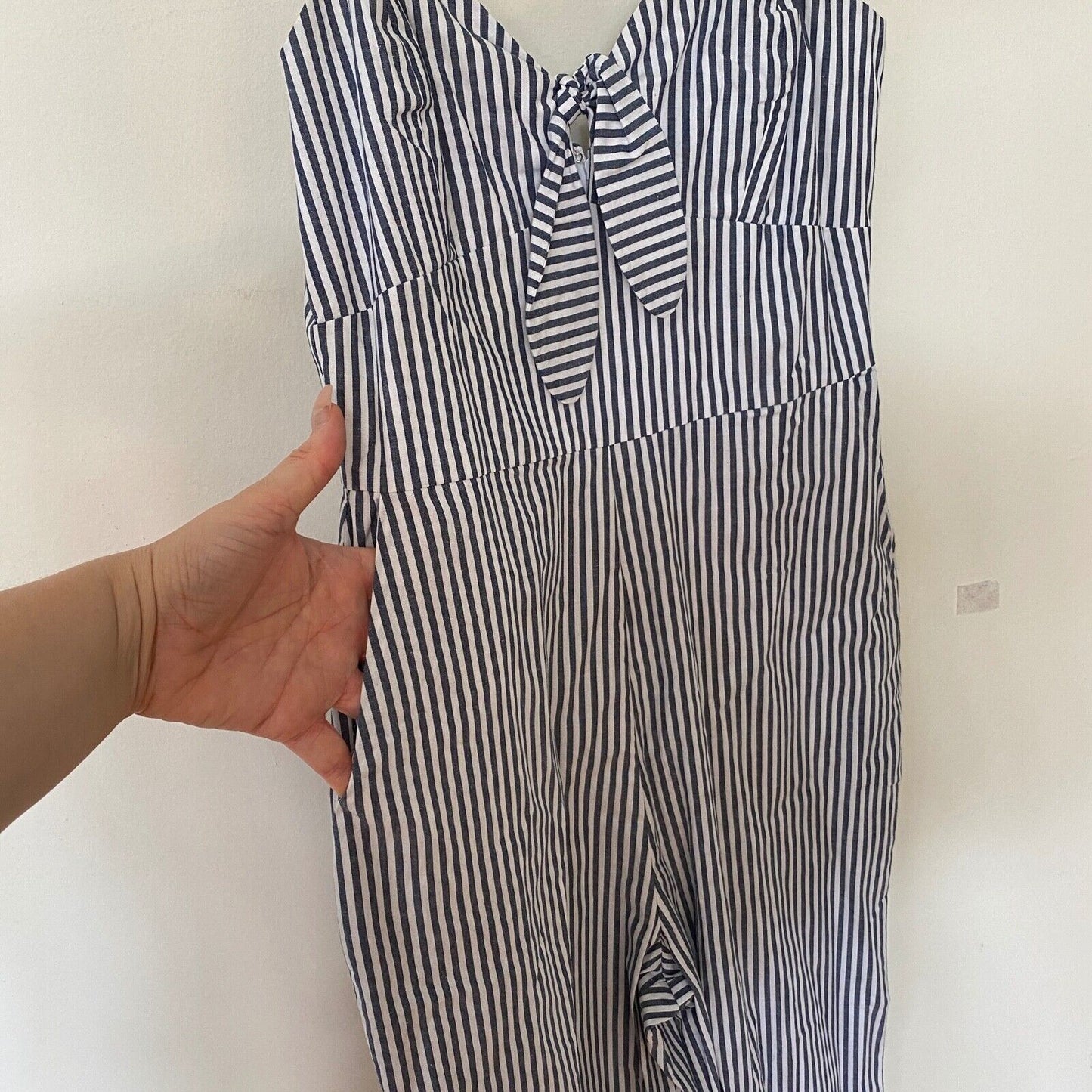 WAYF Massa Front Tie-Knot Pockets Blue White Pin Striped Jumpsuit Romper XS