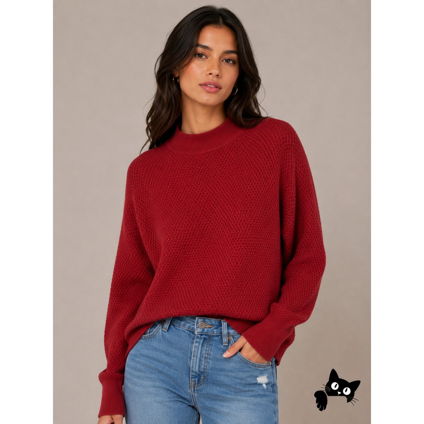 Target Prologue Red Waffle Knit Mock Neck Long Sleeve Sweater S Cotton Wool