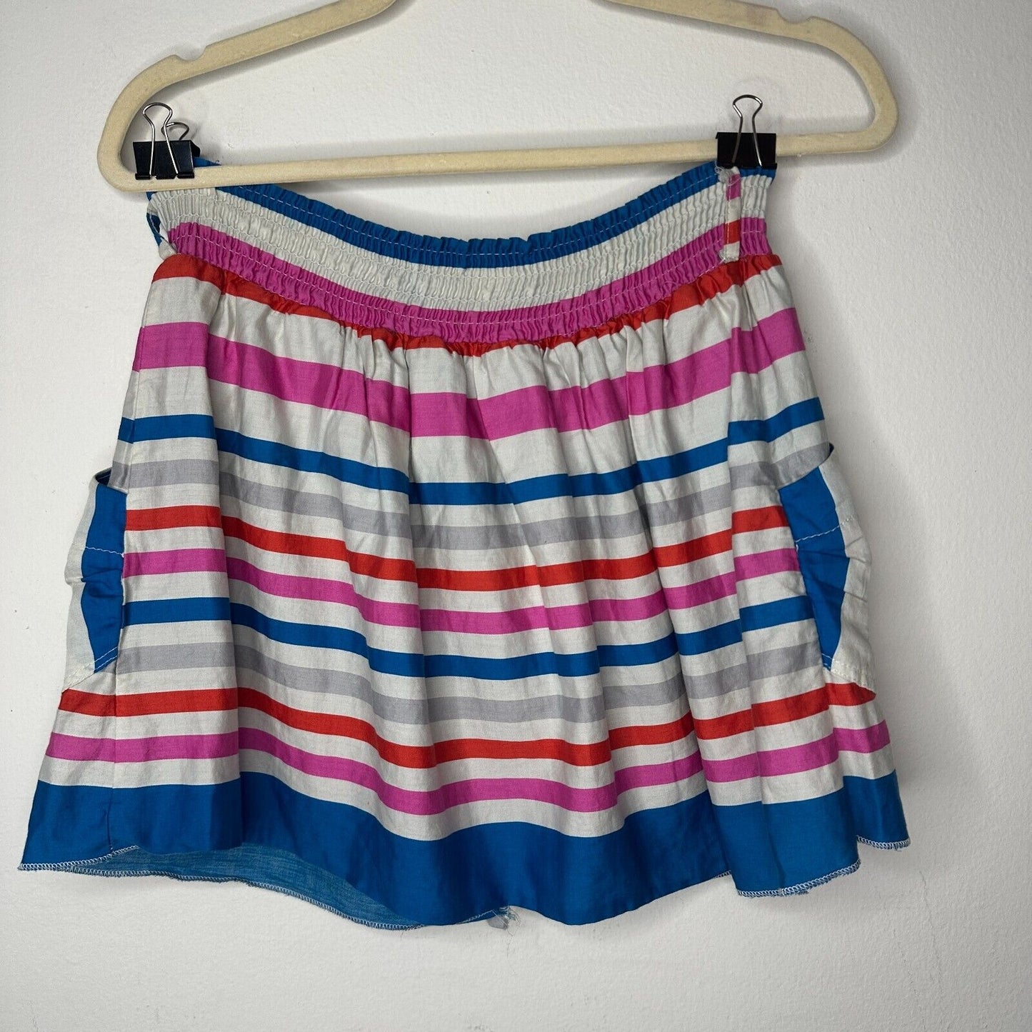 Nautical Blue Pink White Gray Stripe Button Front Patch Pockets Mini Skirt Small